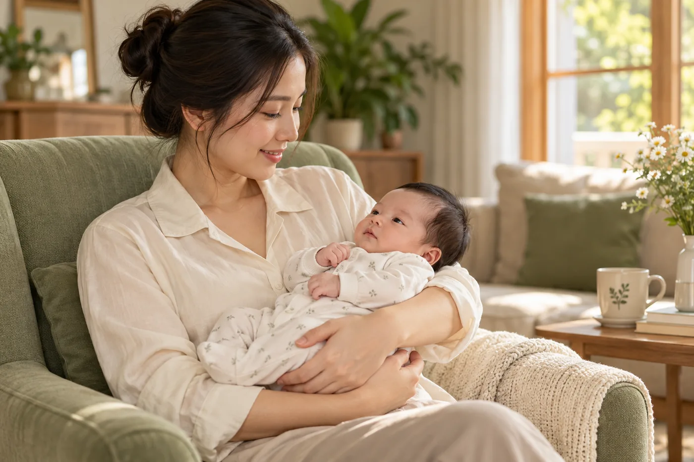 Mẹ ôm bé sơ sinh trong phòng sáng thoáng tại nhà