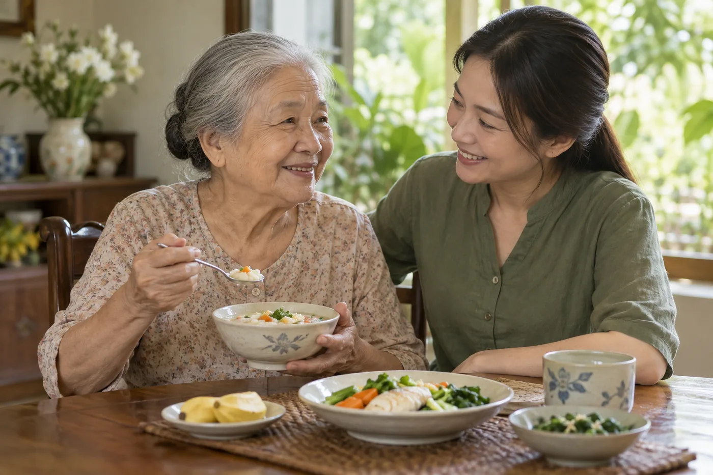 Bà lớn tuổi dùng bữa cùng người thân ở bàn ăn.