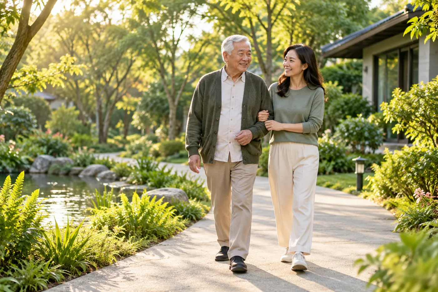 Người cao tuổi cùng người thân đi bộ trên lối vườn bằng phẳng trong ánh sáng buổi sáng.
