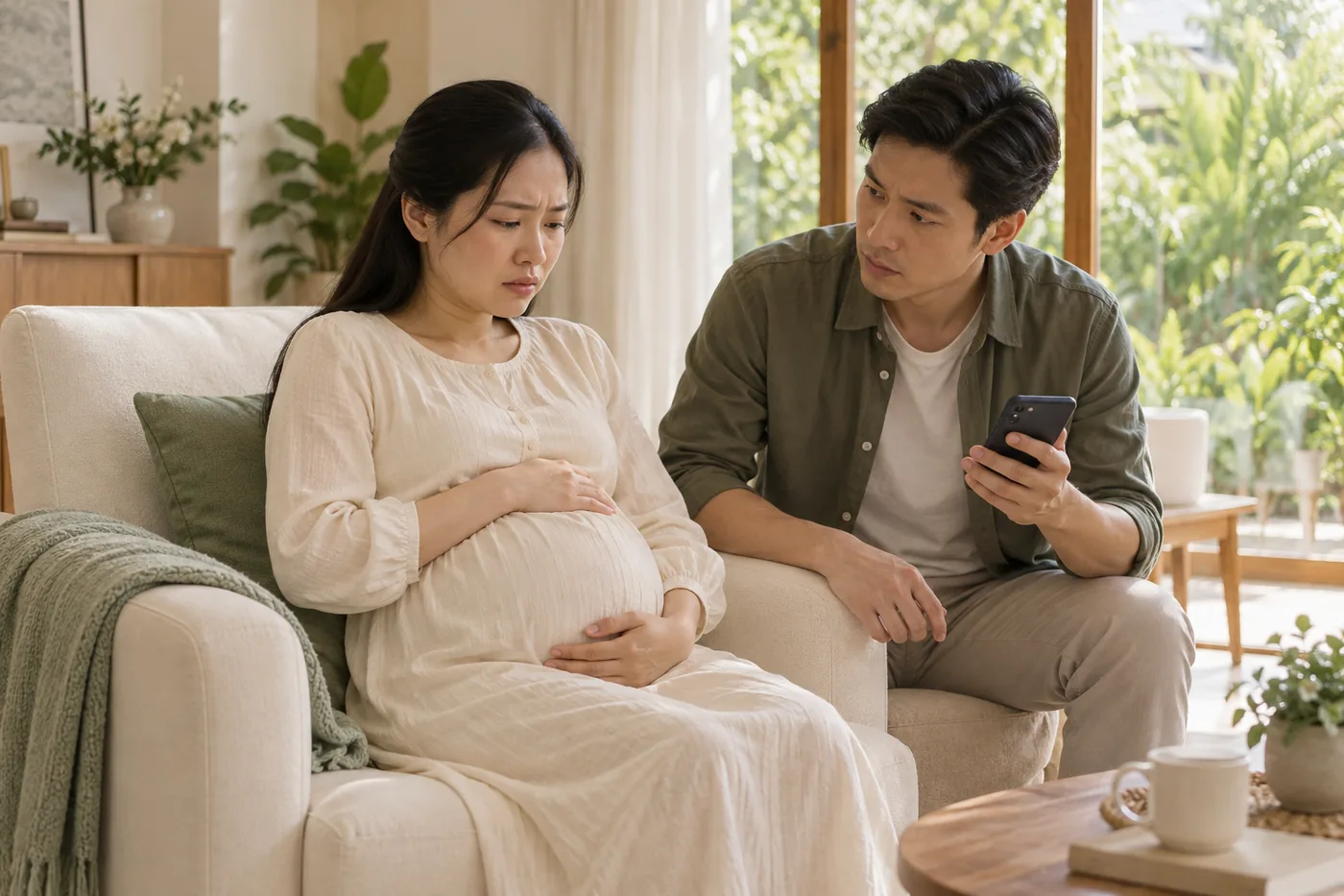 Người thân ngồi bên mẹ bầu và hỗ trợ liên hệ chăm sóc khi mẹ thấy khó chịu