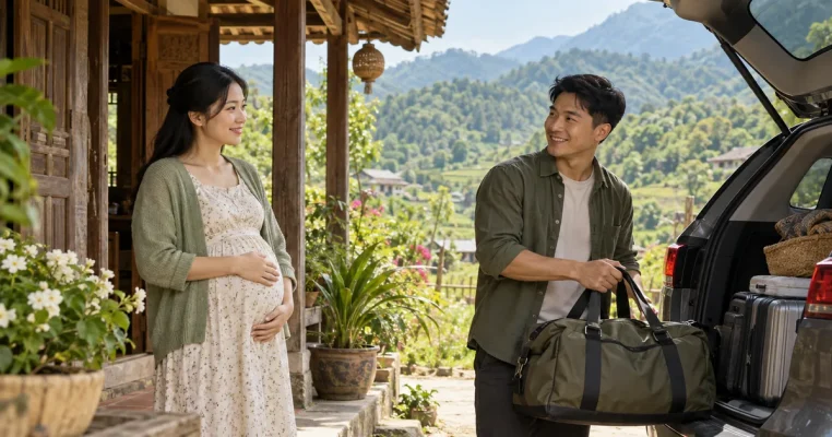 Mẹ bầu và người thân đứng cạnh xe với túi đồ đi sinh trước hiên nhà