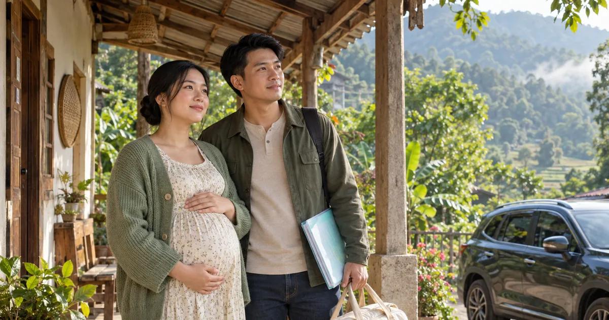 Gia đình cùng mẹ bầu chuẩn bị hồ sơ và túi đồ trước khi đi sinh