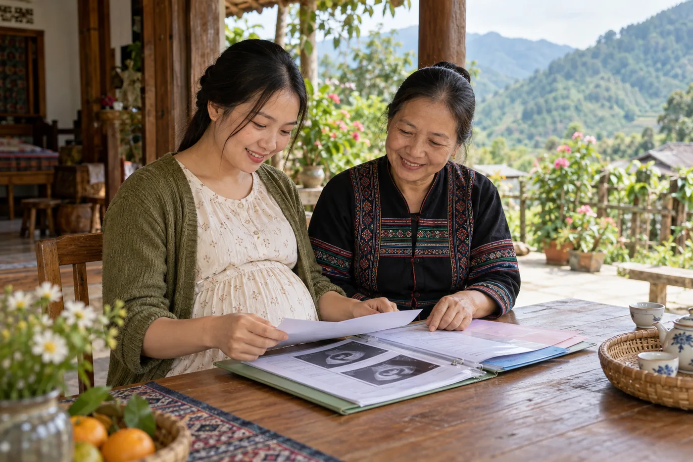 Mẹ bầu và người thân sắp xếp hồ sơ khám thai tại bàn gỗ trong nhà