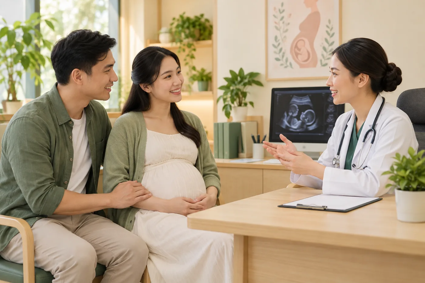 Mẹ bầu trao đổi với nhân viên y tế về kế hoạch sinh tại phòng tư vấn
