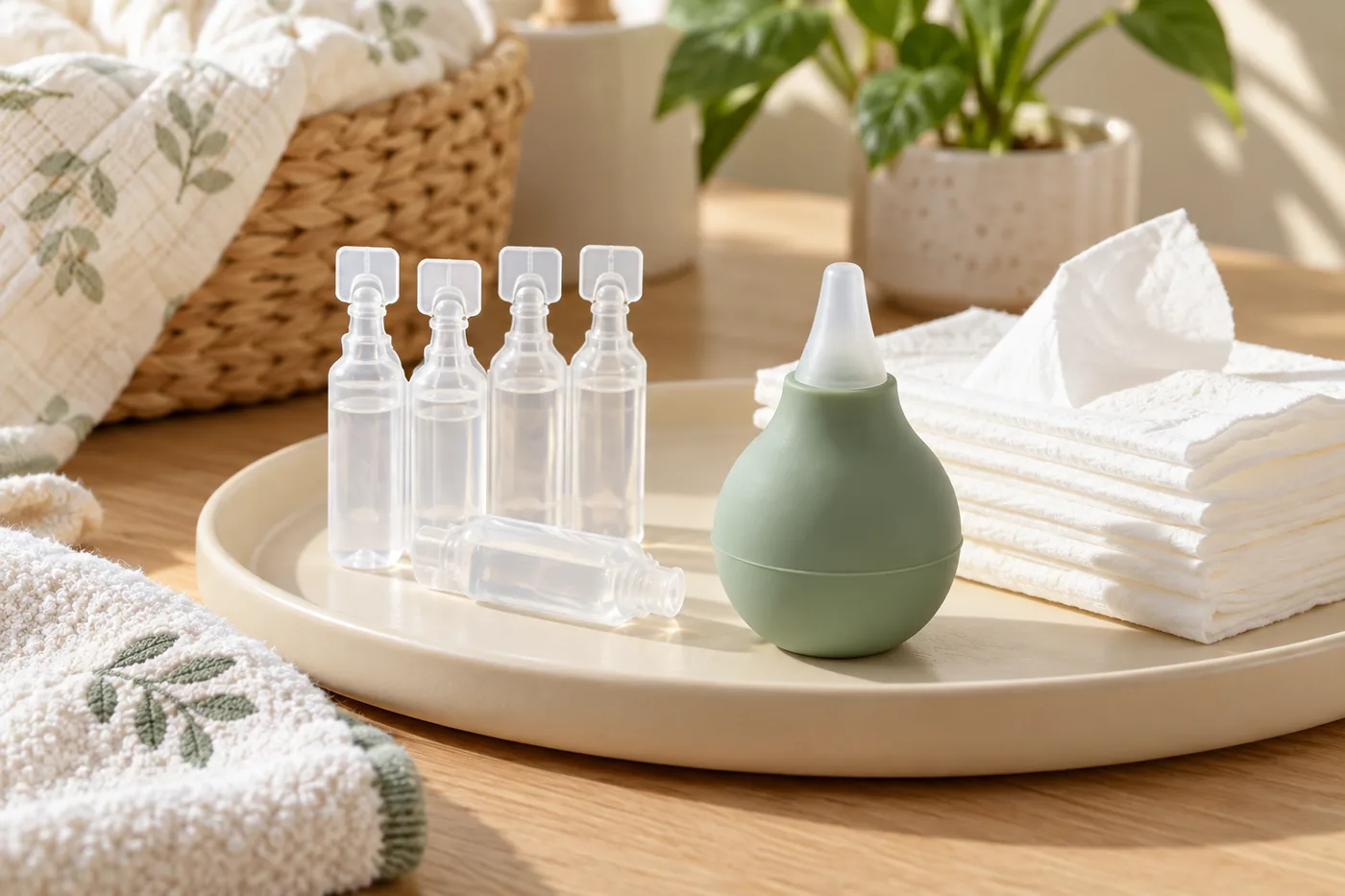 Nước muối, bóng hút mũi và khăn giấy sạch trên khay.