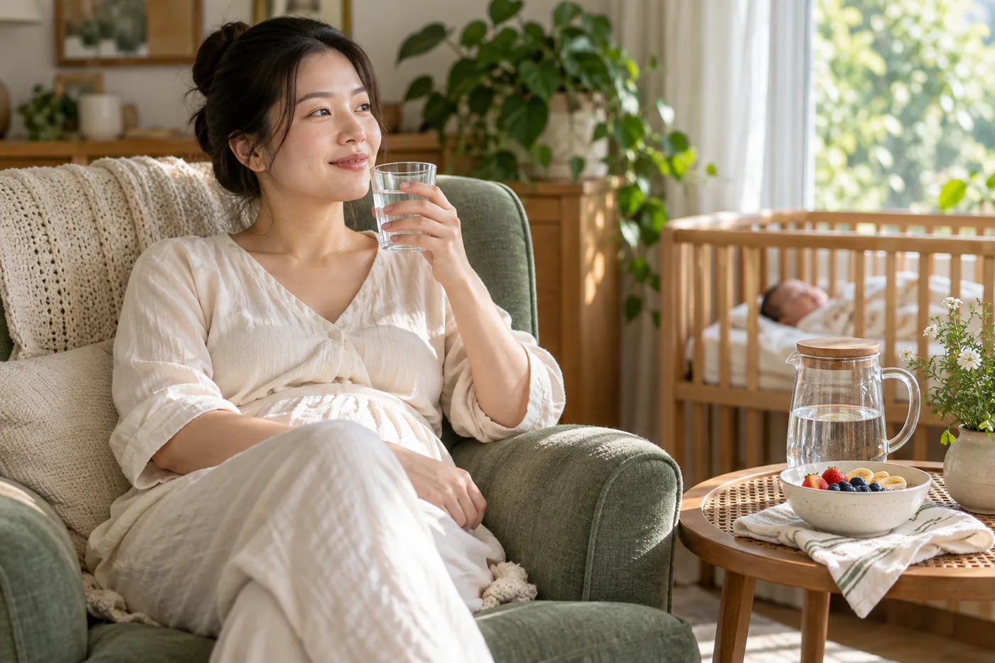 Mẹ sau sinh cầm cốc nước khi ngồi nghỉ, bên cạnh có bình nước, sữa chua và trái cây