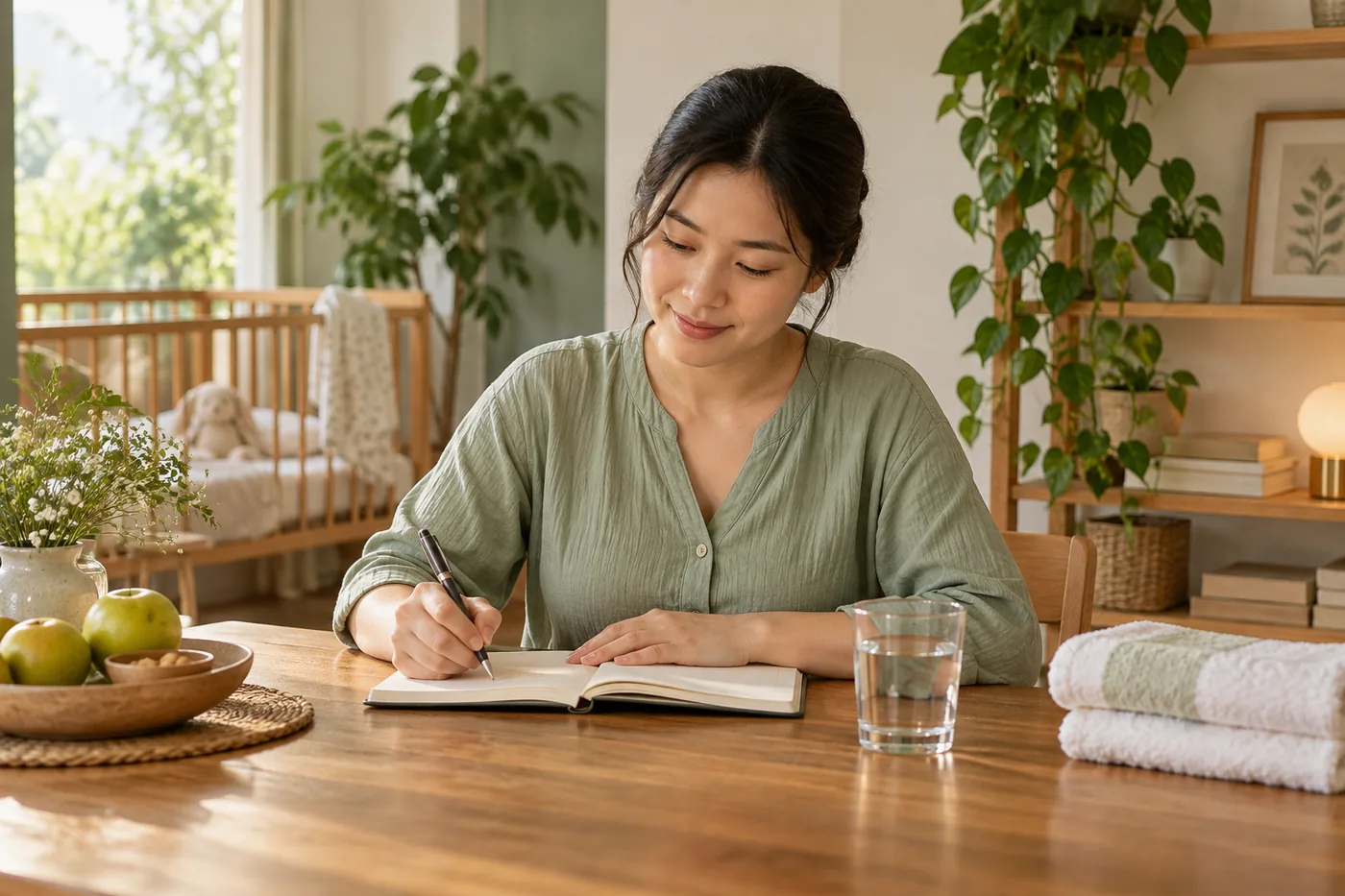 Mẹ ghi lại giờ đi tiểu và chuẩn bị nước uống trong những ngày đầu sau sinh.