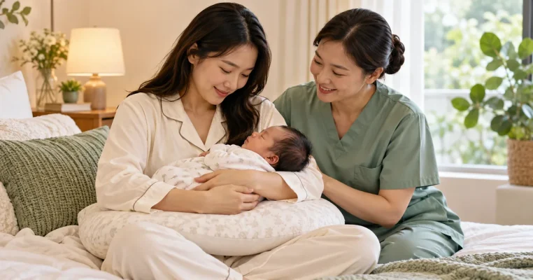 Mẹ bế bé sơ sinh trên gối, bên cạnh là người chăm sóc mặc đồng phục xanh