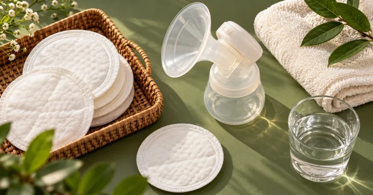 Bộ dụng cụ chăm sóc gồm miếng lót thấm sữa, phễu máy hút và khăn sạch.