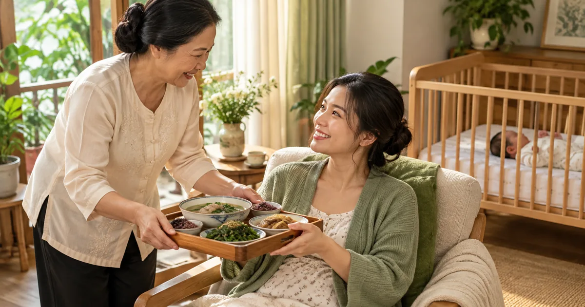 Bà mang bữa ăn, mẹ mỉm cười đón nhận bên nôi bé.