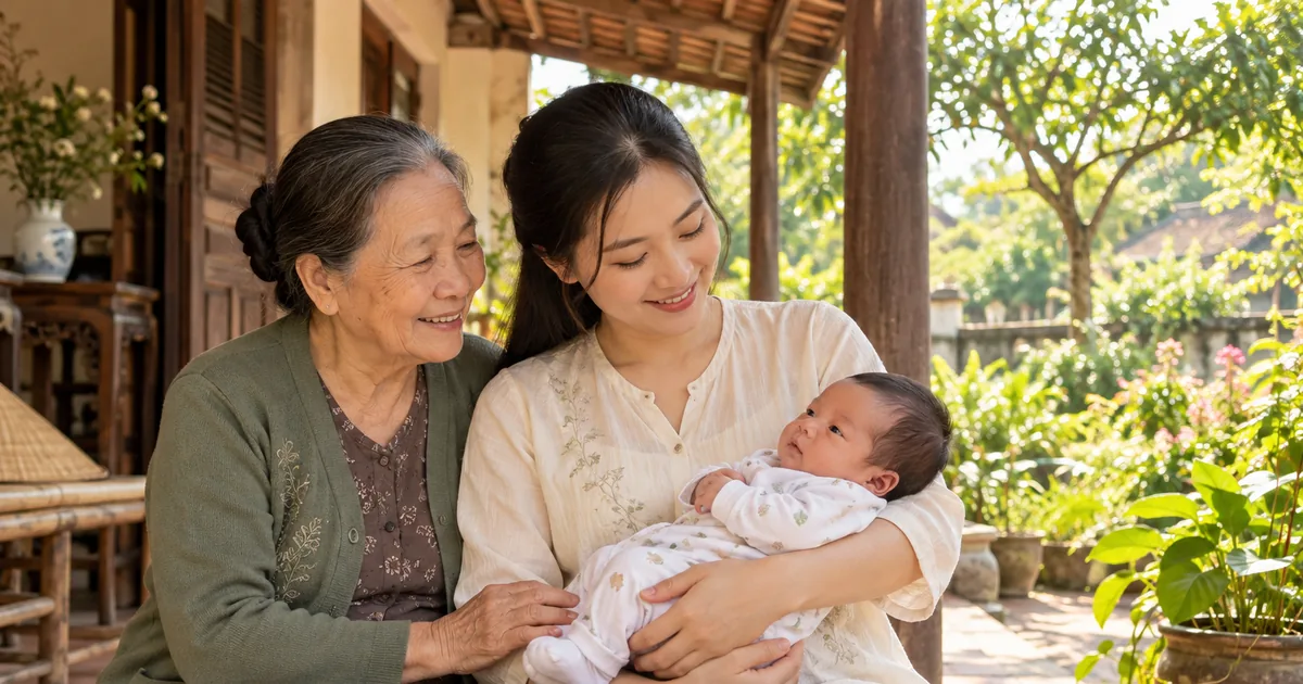 Bà ngoại đồng hành cùng mẹ và bé trong căn nhà ở quê.
