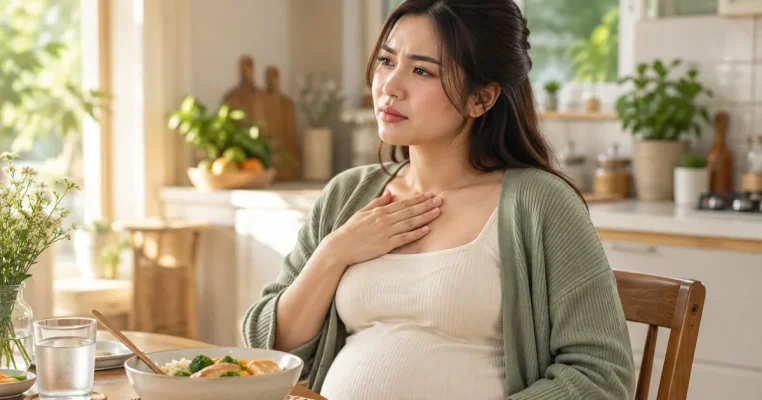Mẹ bầu ngồi thẳng bên bữa ăn nhỏ và ly nước tại bàn ăn