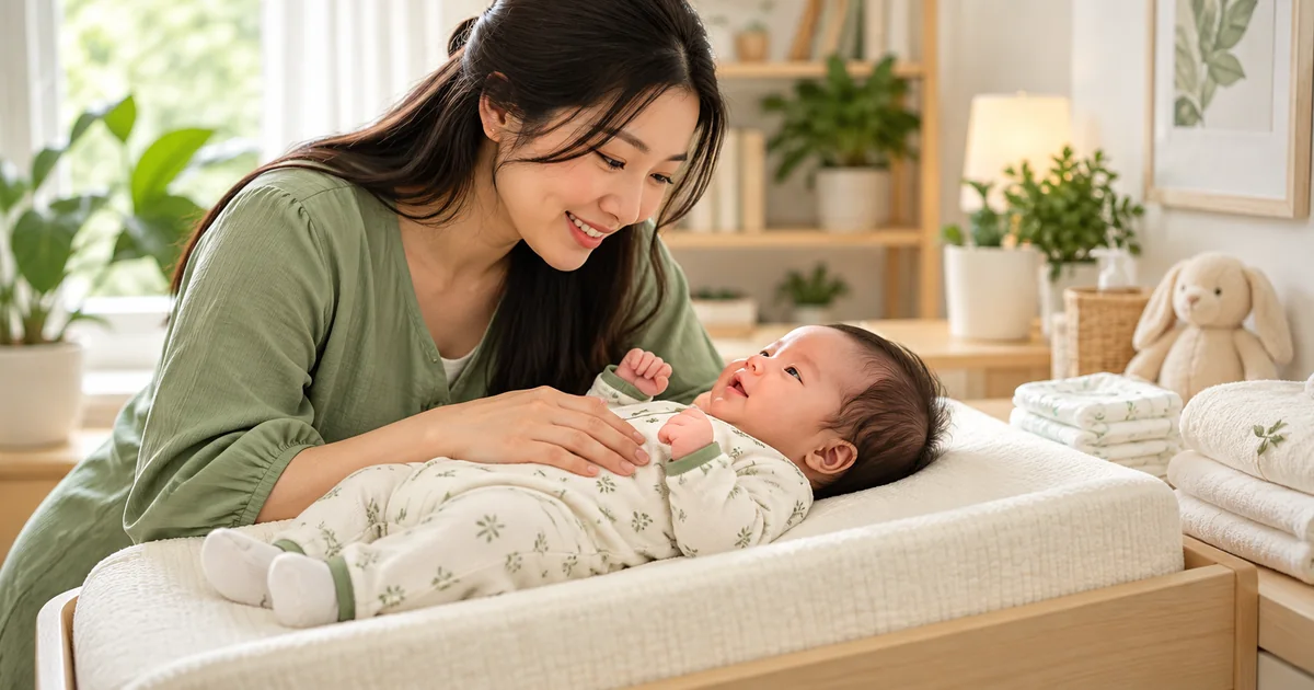 Mẹ chăm sóc bé sơ sinh trên thảm thay tã, bên cạnh có tã sạch và khăn mềm