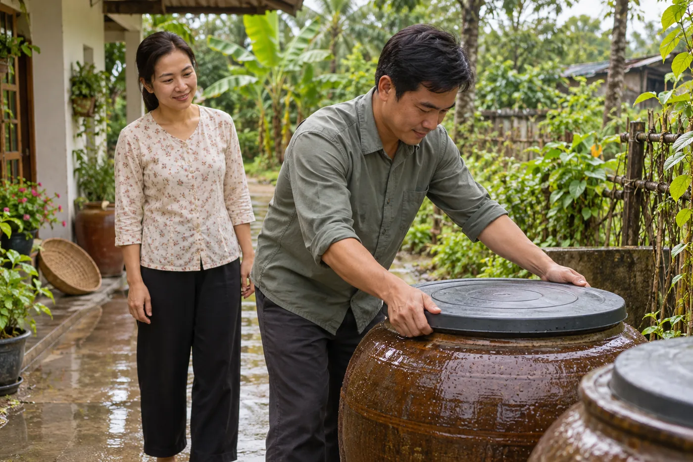 Người thân đậy kín thùng chứa nước trong sân nhà xanh mát