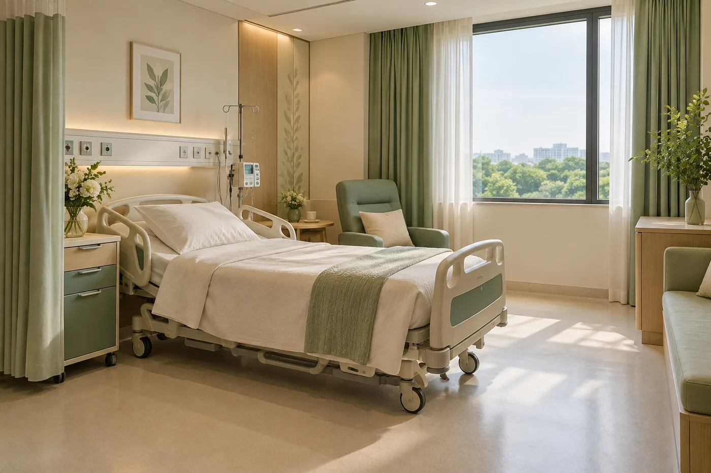 Phòng bệnh sạch với giường trống và ghế dành cho người thân