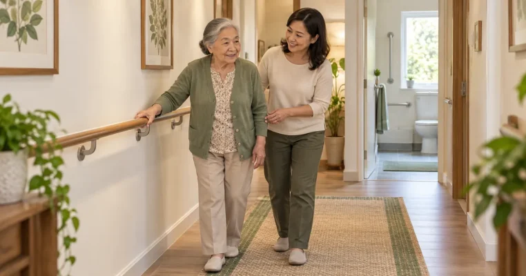 Bà lớn tuổi vịn tay vịn cạnh lối đi sáng, người thân ở bên.