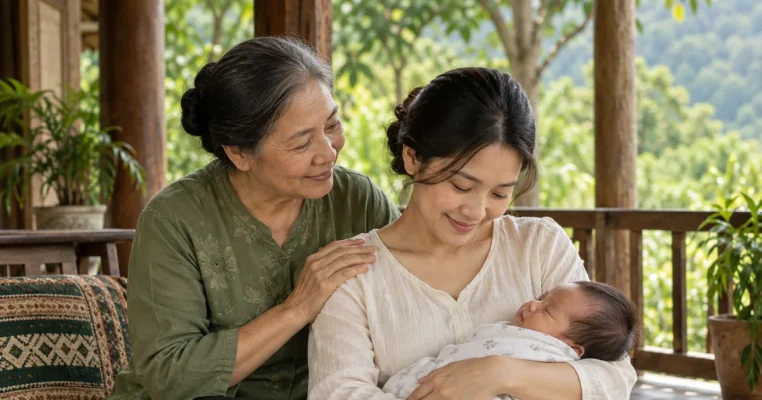Bà ngoại ở bên mẹ và em bé trong không gian nhà gỗ ấm áp