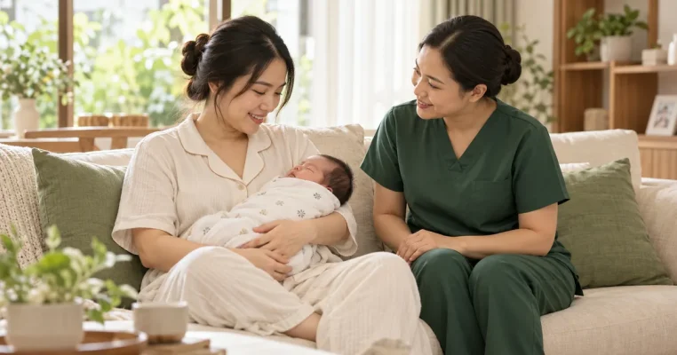 Mẹ ôm bé sơ sinh trên sofa bên người chăm sóc mặc đồng phục xanh trong phòng khách sáng