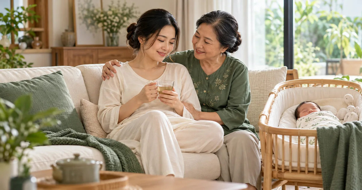Mẹ sau sinh nghỉ trên sofa bên bà và bé sơ sinh trong nôi