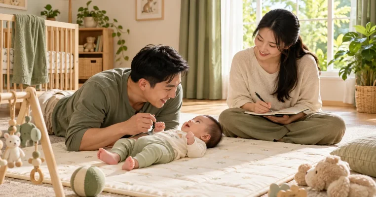 Bố trò chuyện với bé trên thảm, mẹ ghi chép nhịp sinh hoạt bên cạnh.