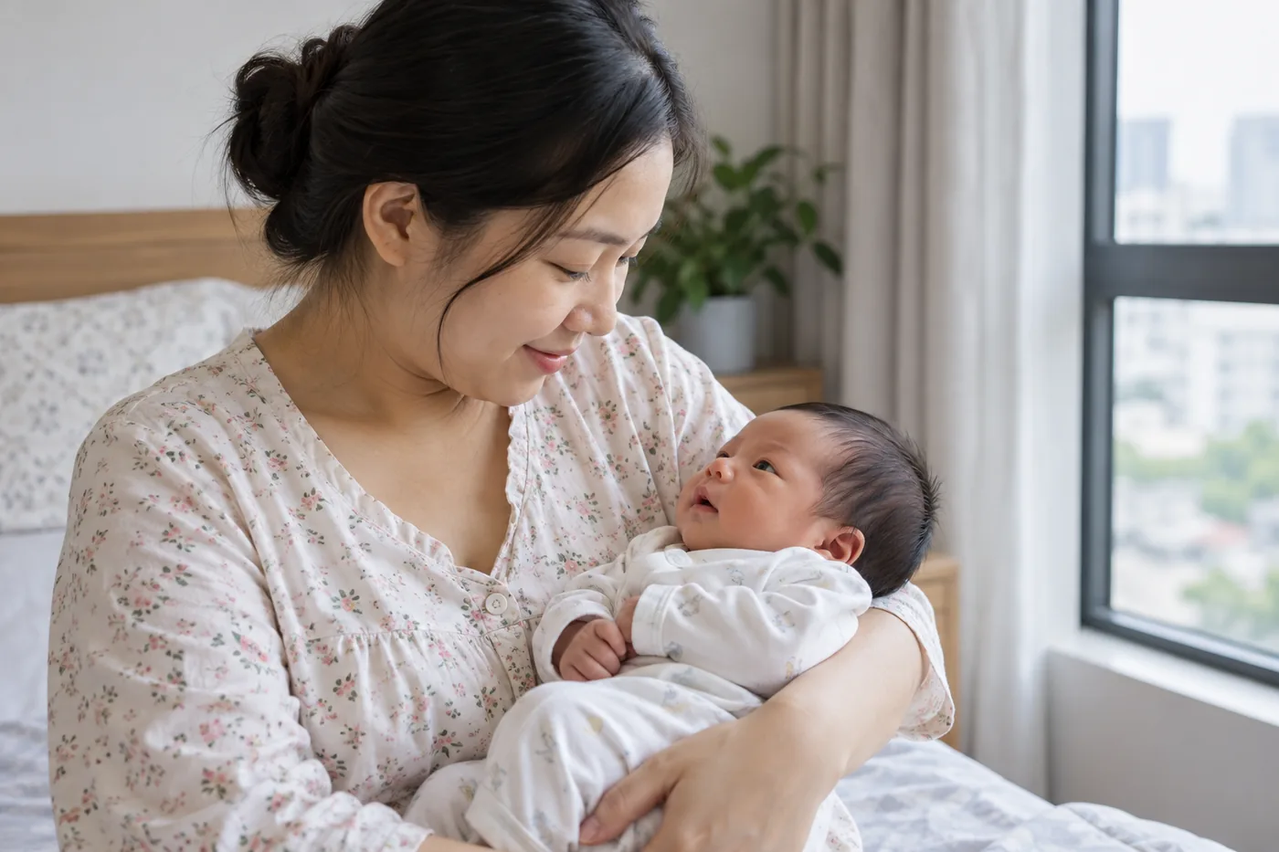 Mẹ quan sát gương mặt bé dưới ánh sáng tự nhiên trong nhà.