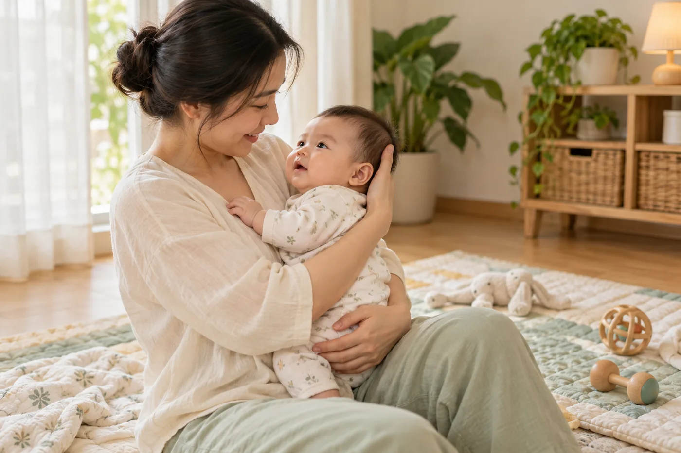 Mẹ bế và vỗ về bé trong buổi chăm sóc tại nhà.
