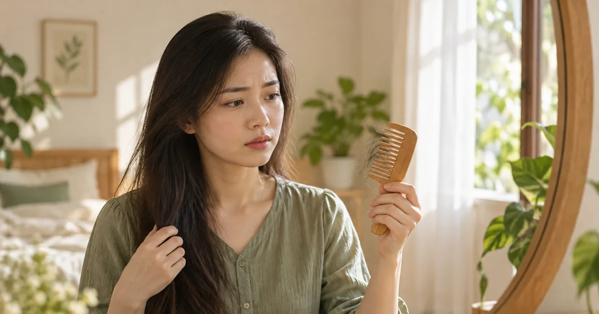 Mẹ xem lược và chăm tóc nhẹ nhàng trước gương tại nhà.