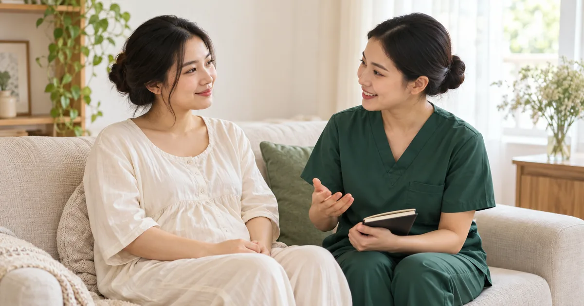Mẹ sau sinh trò chuyện với người chăm sóc mặc đồng phục xanh cầm sổ trên sofa