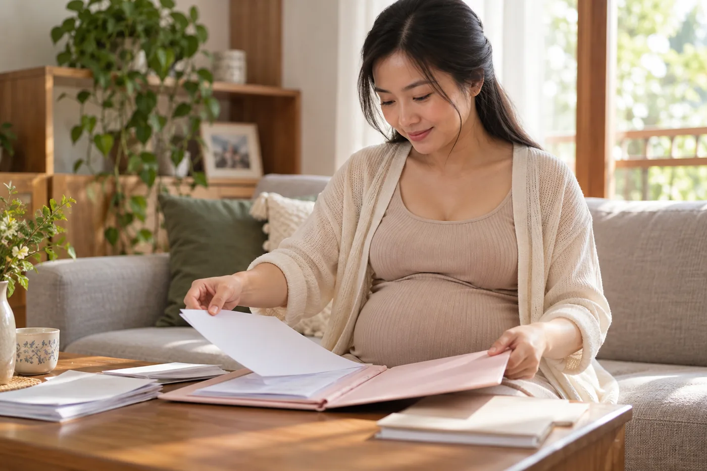 Mẹ bầu sắp sổ khám và kết quả vào bìa hồ sơ.