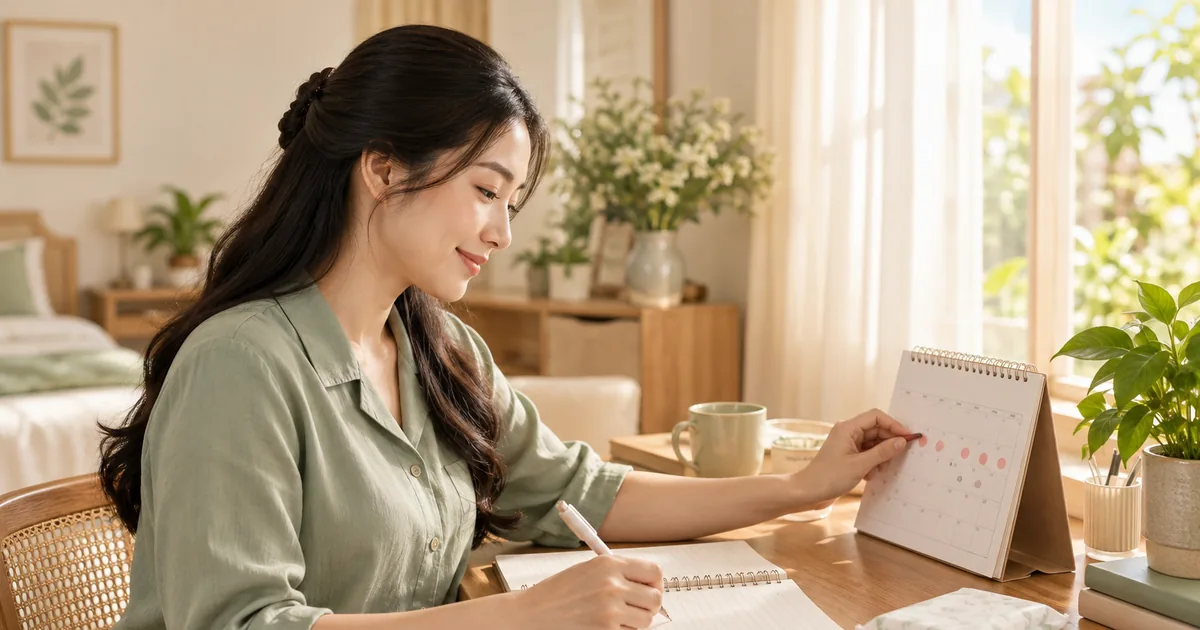 Mẹ dùng lịch và sổ tay theo dõi sức khỏe sau sinh tại nhà.