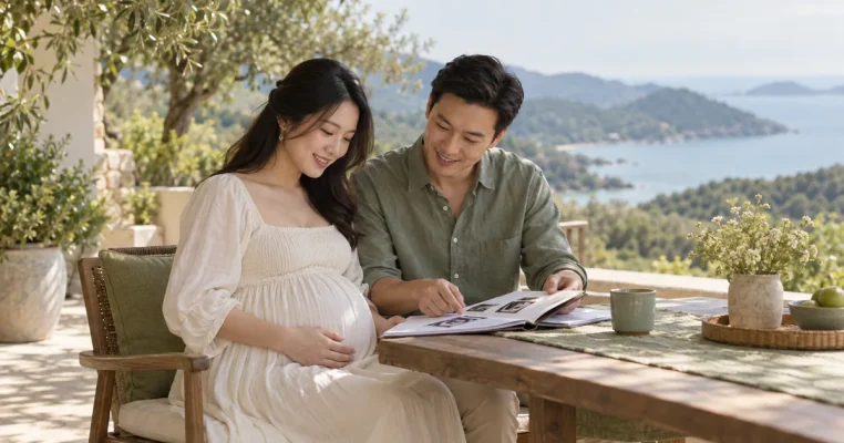 Mẹ bầu cùng người thân trao đổi kế hoạch đi sinh trong không gian nhìn ra biển