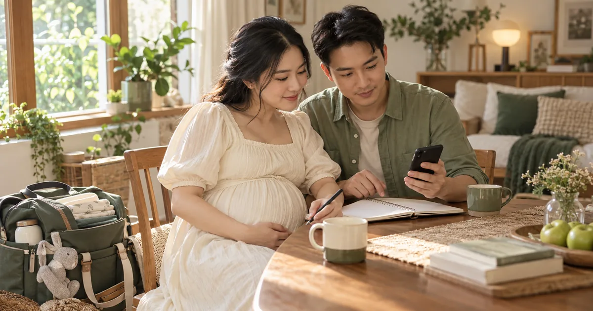Mẹ bầu và người thân xem sổ kế hoạch đi sinh.