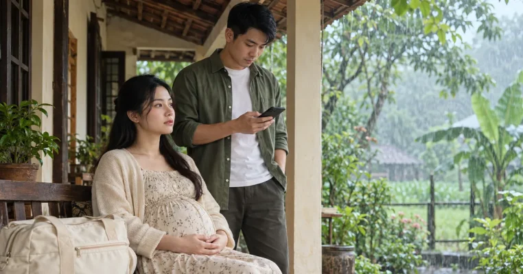 Mẹ bầu bên người thân đang liên hệ qua điện thoại trước hiên nhà