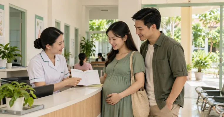 Mẹ bầu cầm hồ sơ bên người thân tại quầy tiếp nhận cơ sở y tế