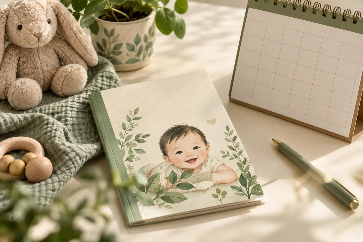 Sổ theo dõi của bé và lịch hẹn đặt trên bàn với bút