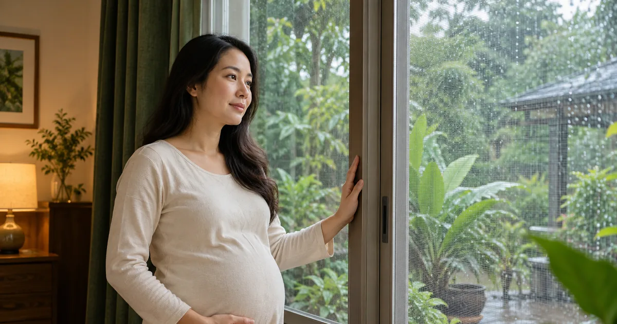 Mẹ bầu mặc áo dài tay đứng bên cửa sổ có lưới chống muỗi, ngoài trời mưa