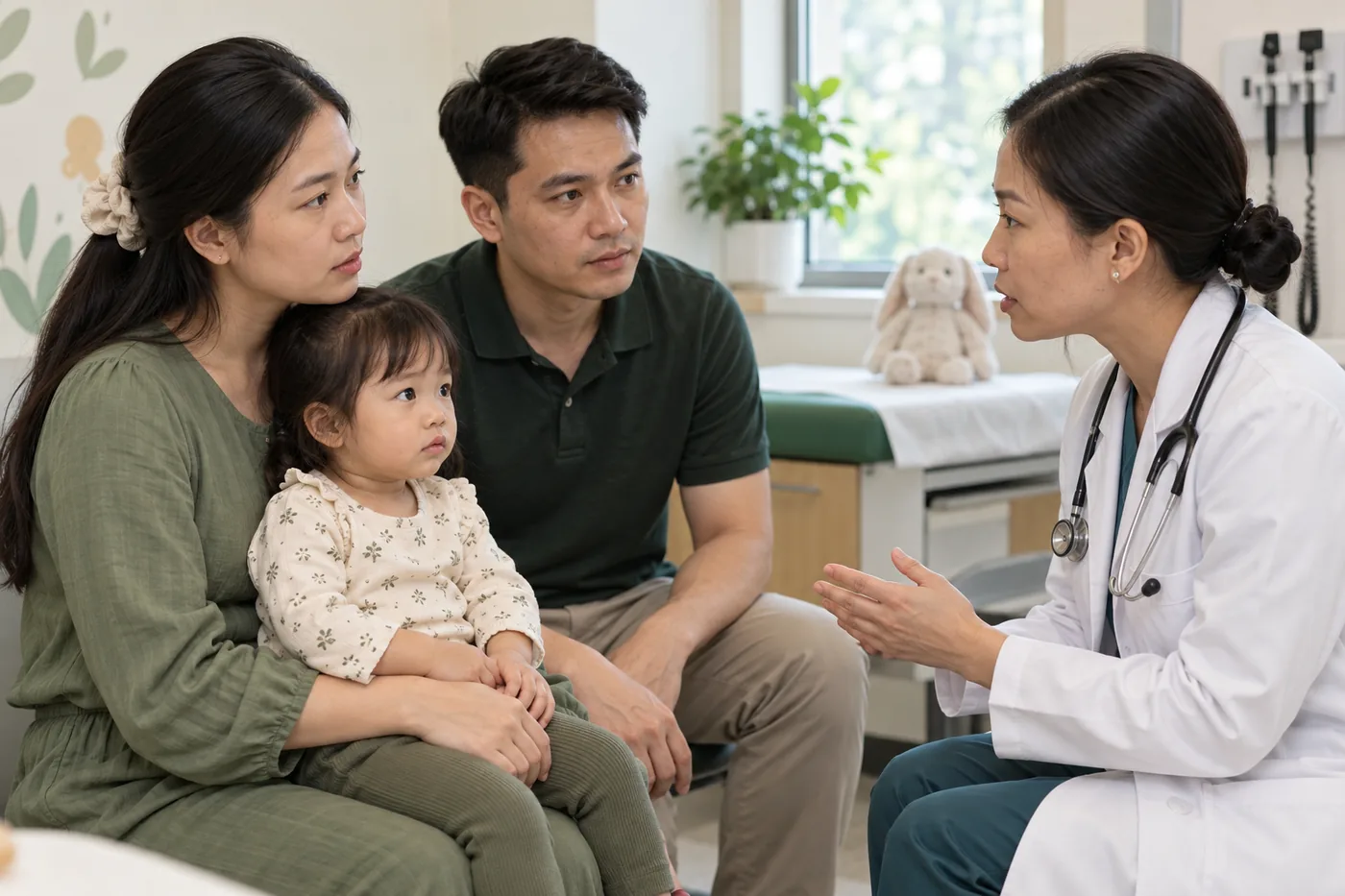 Bố mẹ cùng trẻ nhỏ trao đổi với bác sĩ trong phòng khám