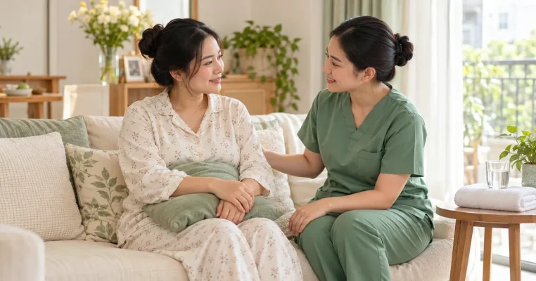 Mẹ sau sinh trò chuyện với người chăm sóc mặc đồng phục xanh bên khăn sạch và cốc nước