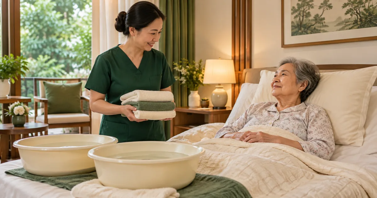 Chuyên viên chuẩn bị khăn sạch bên người cao tuổi nghỉ trên giường.