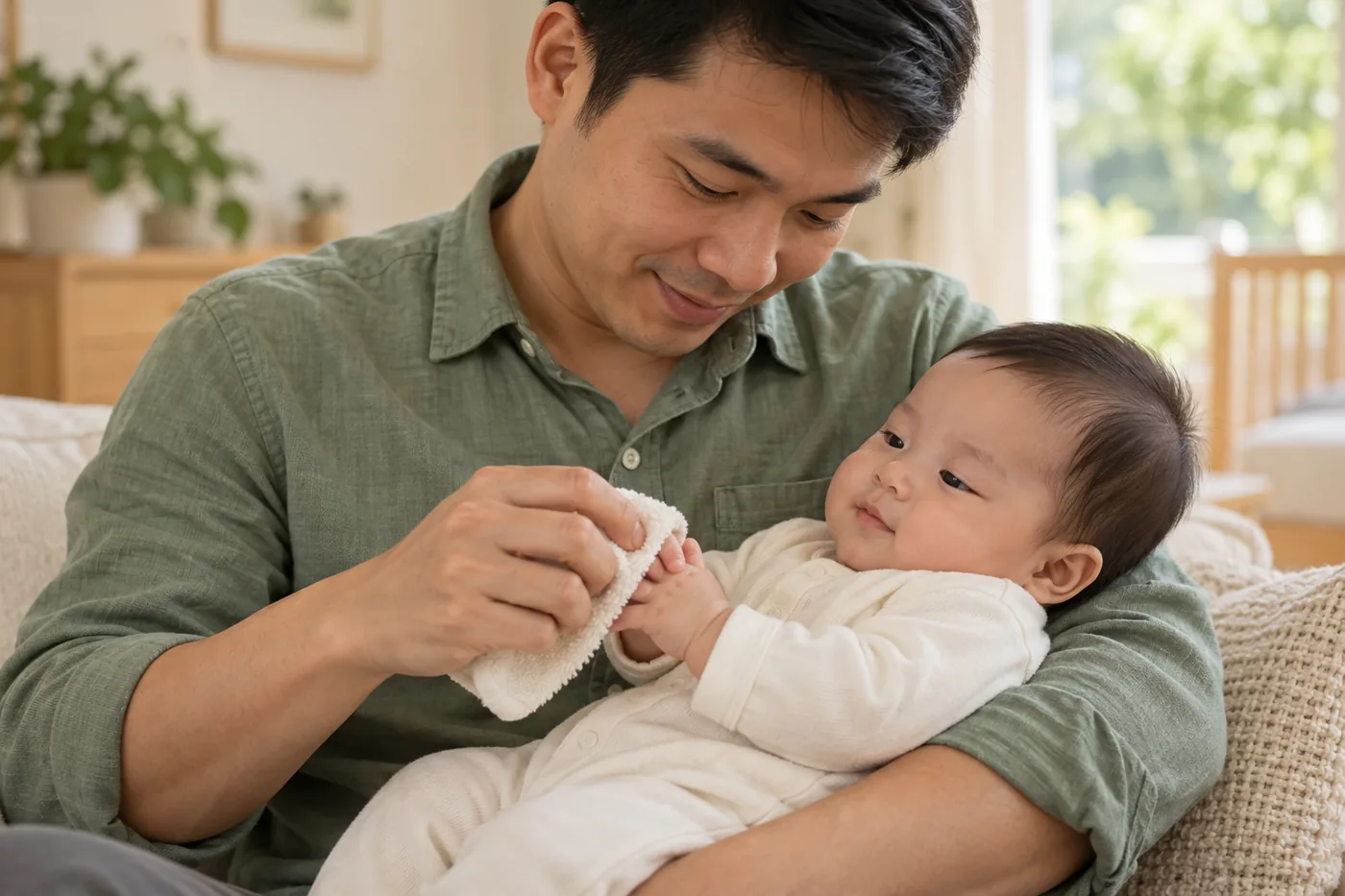 Bố dùng khăn mềm lau bàn tay bé đang mặc quần áo.