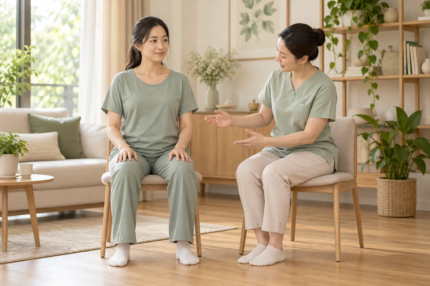 Chuyên viên hướng dẫn mẹ thở đều và ngồi thoải mái khi tập sàn chậu.