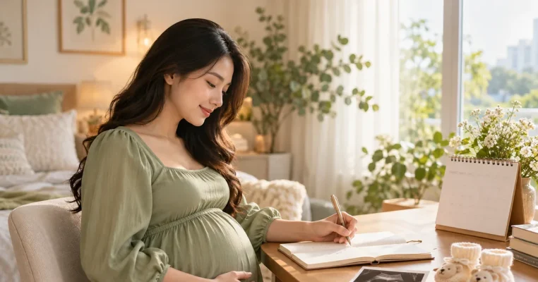 Mẹ bầu ghi chép lịch khám và theo dõi thai kỳ trong cuốn sổ tại nhà.