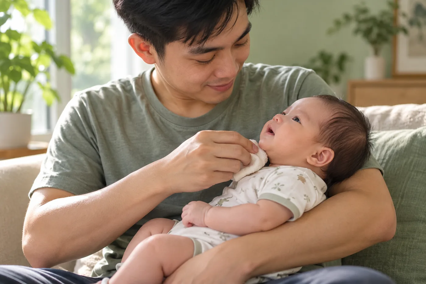 Bố nhẹ nhàng dùng khăn mềm thấm vùng cổ bé.