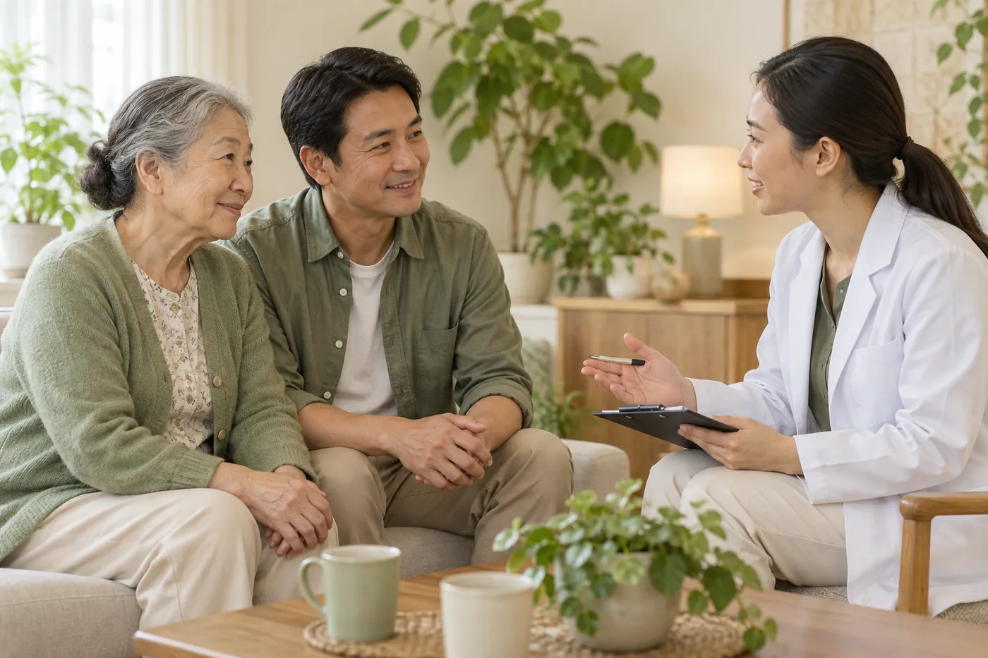 Người cao tuổi và người thân trao đổi với chuyên viên tại phòng tư vấn.