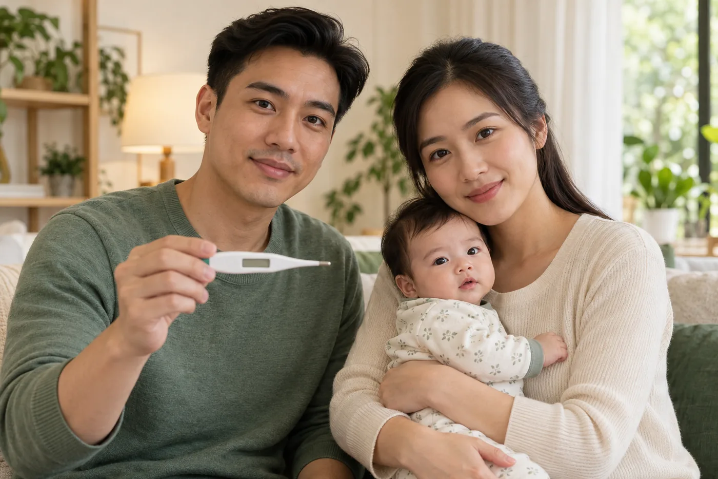 Bố mẹ kiểm tra nhiệt độ bé đang thức tại nhà