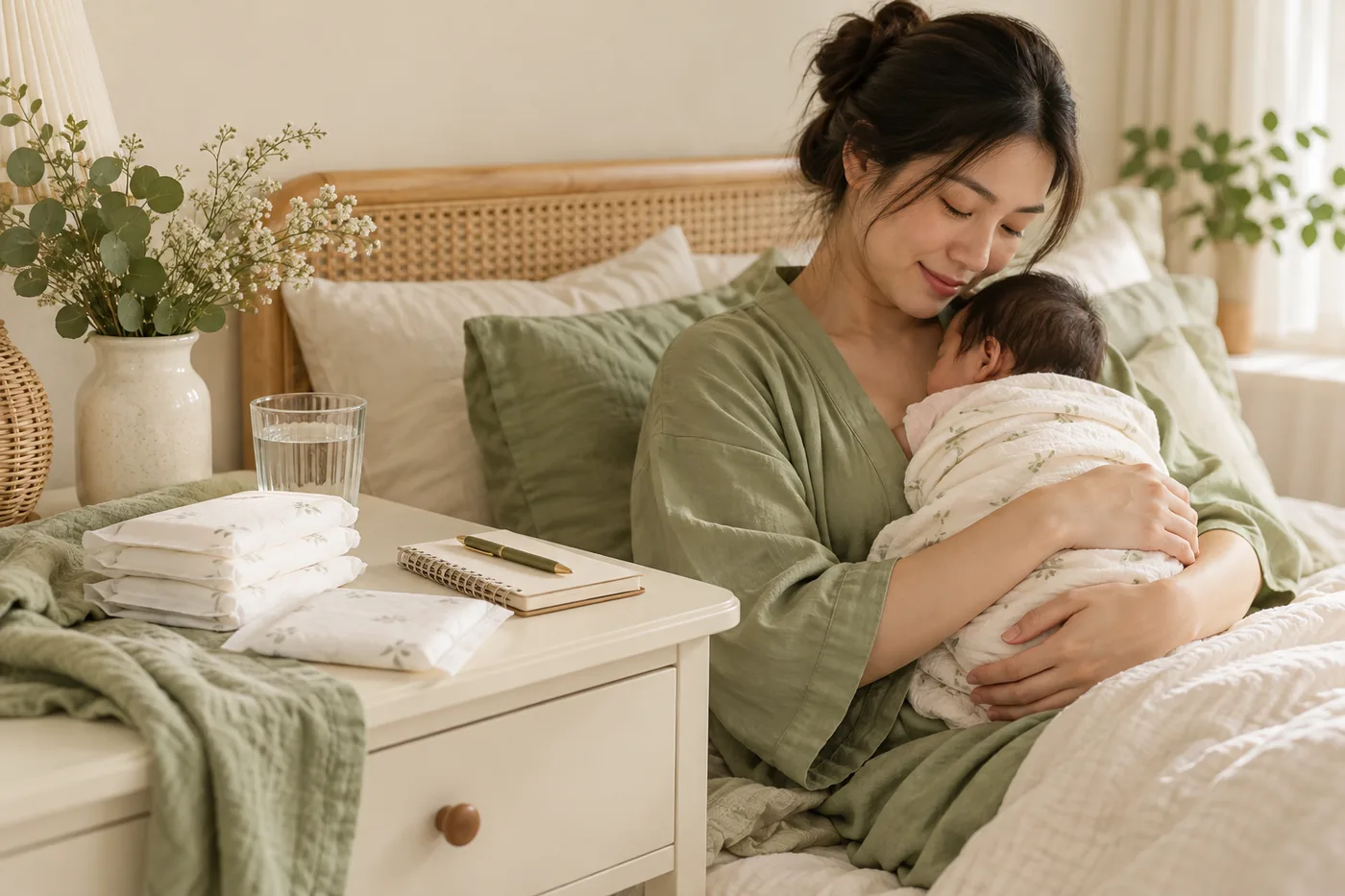 Mẹ nghỉ cùng bé, bên cạnh băng vệ sinh sạch và sổ theo dõi sau sinh.