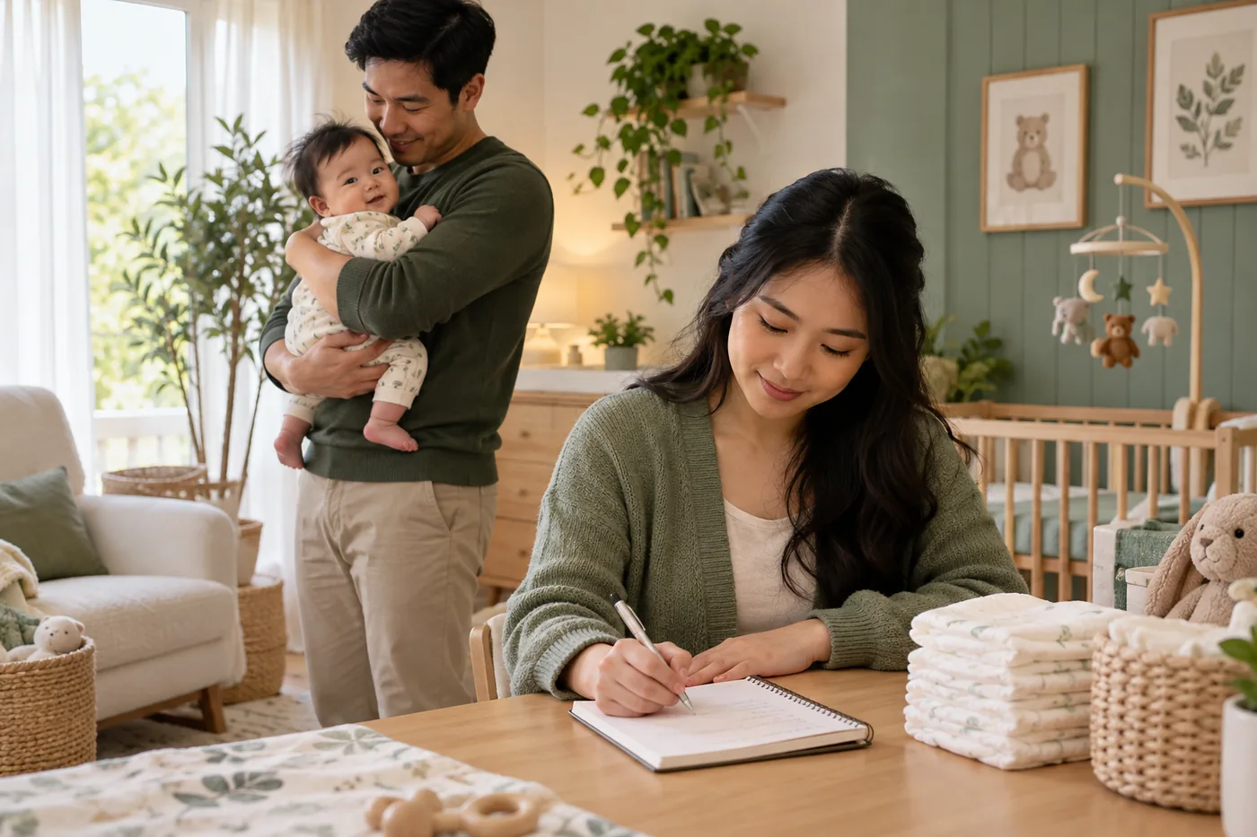 Mẹ ghi chép số tã ướt và cân nặng của bé trong sổ theo dõi.