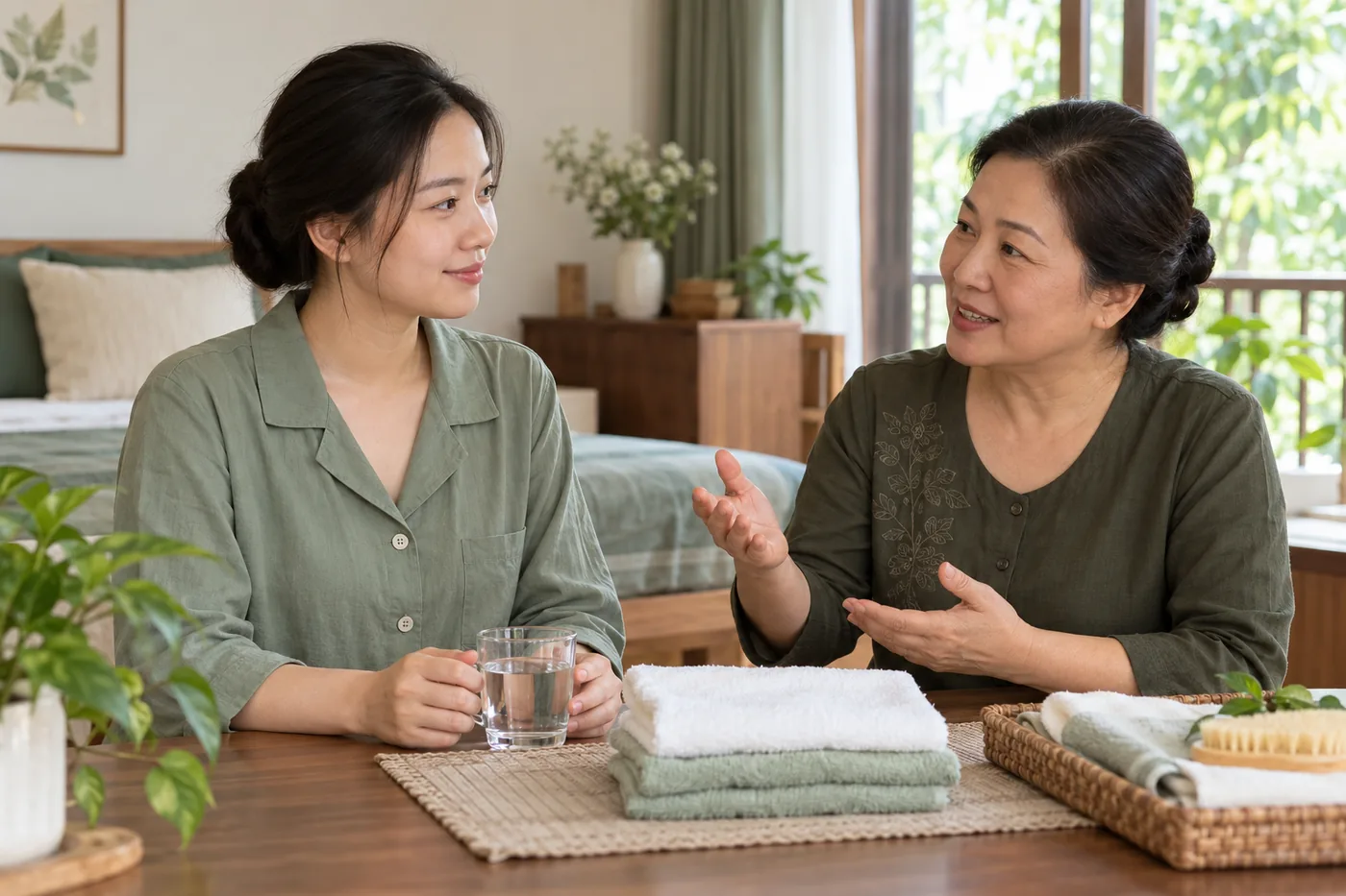 Mẹ ngồi nghỉ với nước uống và khăn sạch, trao đổi cách chăm sóc với người thân.