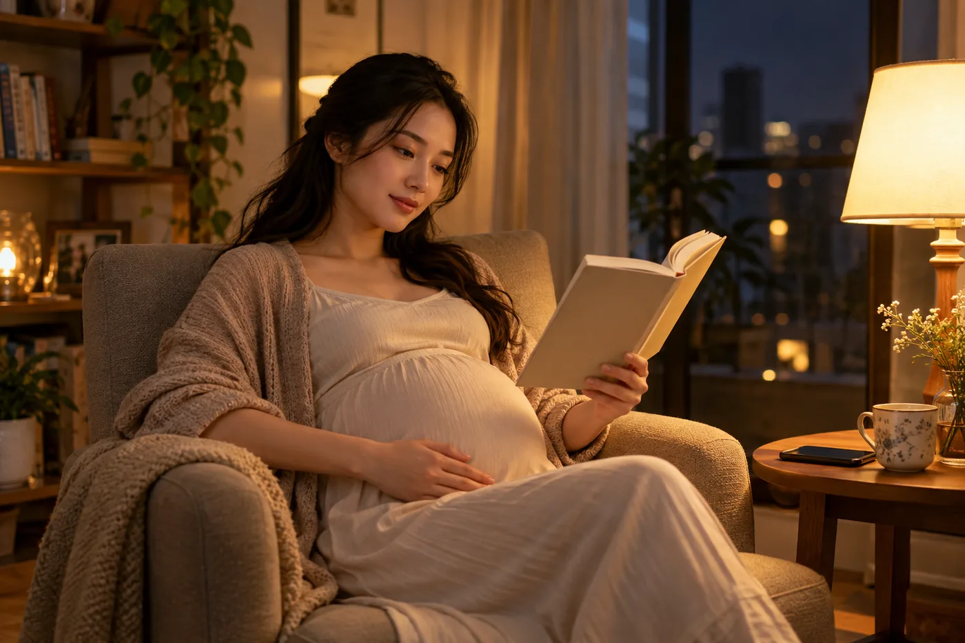 Mẹ bầu đọc sách dưới đèn dịu, điện thoại đặt xa giường.