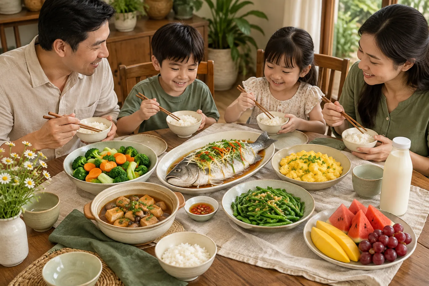 Gia đình cùng dùng bữa với cá chín, trứng chín, rau xanh và trái cây tại nhà